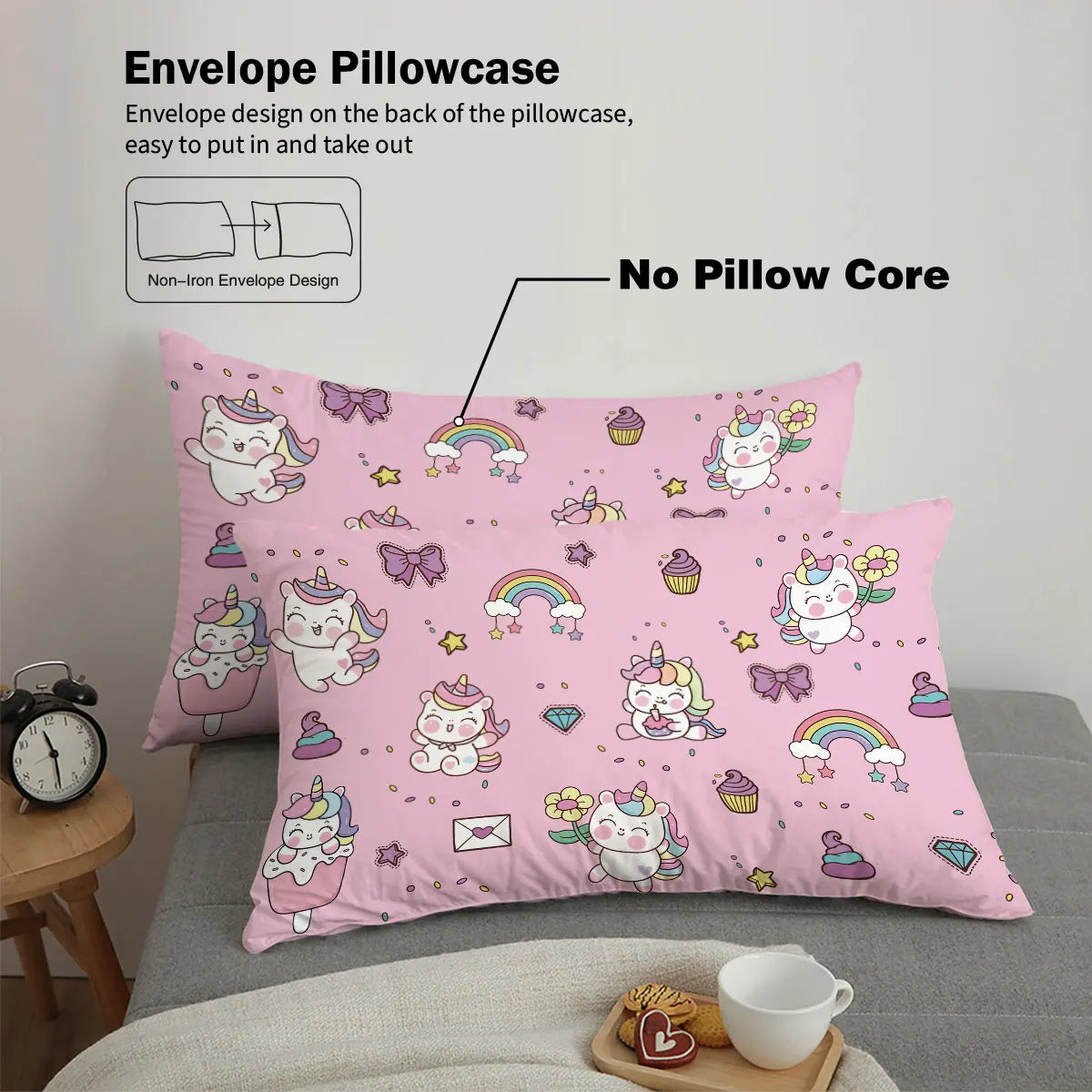 3pcs Cartoon Cute Unicorn Printed Coreless Down Duvet Cover Set, Multi Size Bedroom Bedding Decoration, Machine Washable Pi-Mart
