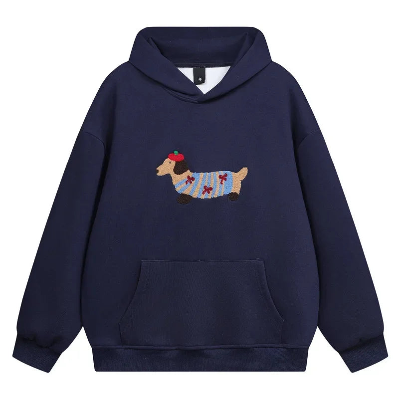 Unisex Hooded Sweatshirt Chinese Style Printed Loose Fit Couple Top Autumn Winter Casual Streetwear Minimalist Pullover Pi-Mart