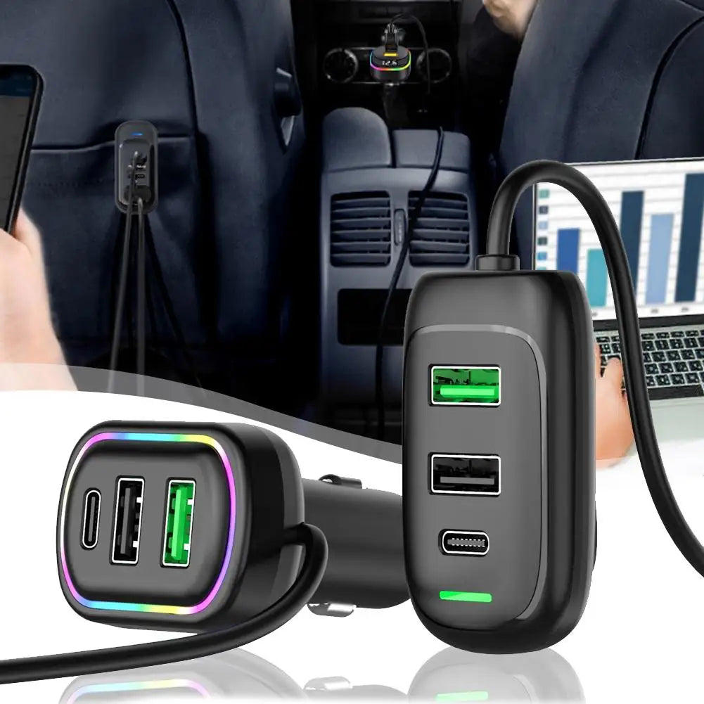 6-Ports USB Type-C Front And Rear Extension Car Charger With RGB Light PD Fast Charging Power Adapter For Iphone Tablet Pi-Mart