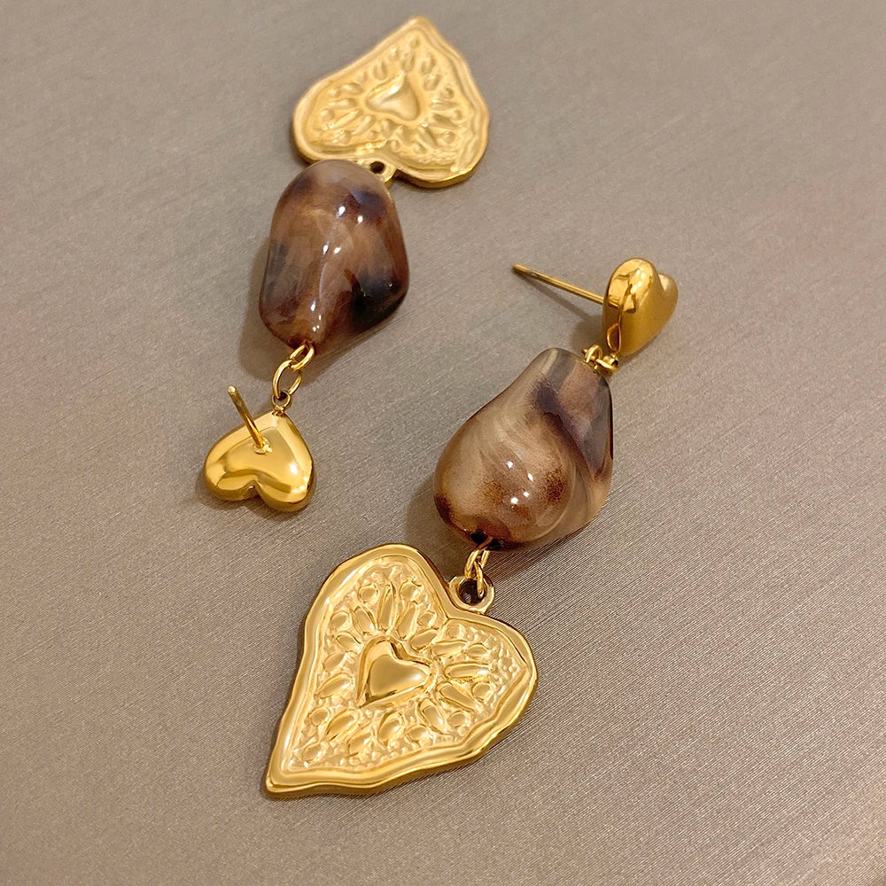 Greatera Caramel Amber Patterned Irregular Heart Earrings For Women Charm Stainless Steel Waterproof Popular Ear Accessories New Pi-Mart