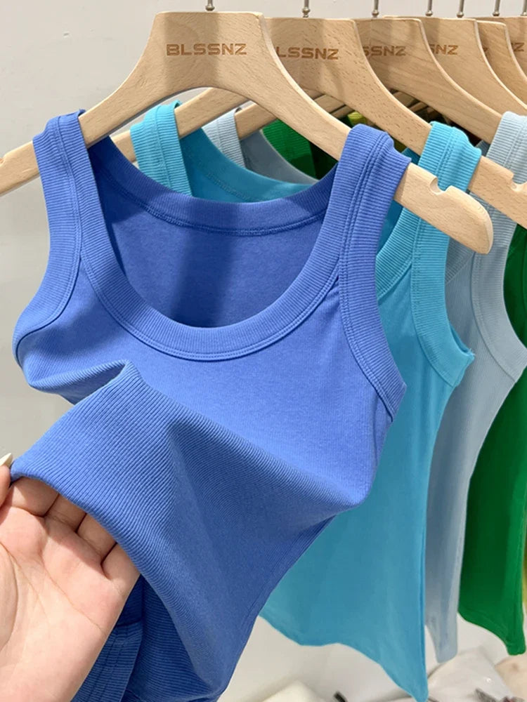 zjaiss Women Solid Round Neck Ribbed Tank Top Camisole Women 2026 Summer Basic Elastic Tank Top O Neck Solid Tank Top Tri Light Beauty