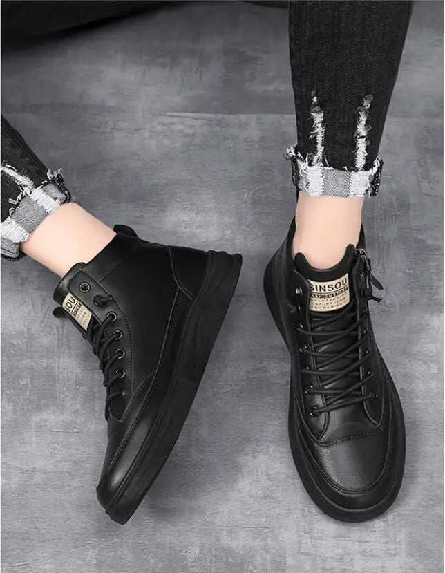 Men Boots Autumn High Top Leather Casual Shoes Fashion Cotton Shoes Flat Ankle Boots Business Outdoor Shoes Man Sneakers New Pi-Mart
