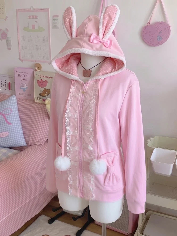 Japanese Cute Coat Embroidery Rabbit Ear Hooded Subculture Kawaii Y2k Tops Casual Fashion Sweet Coats Ropa Mujer Women Clothing LadyShow.Store