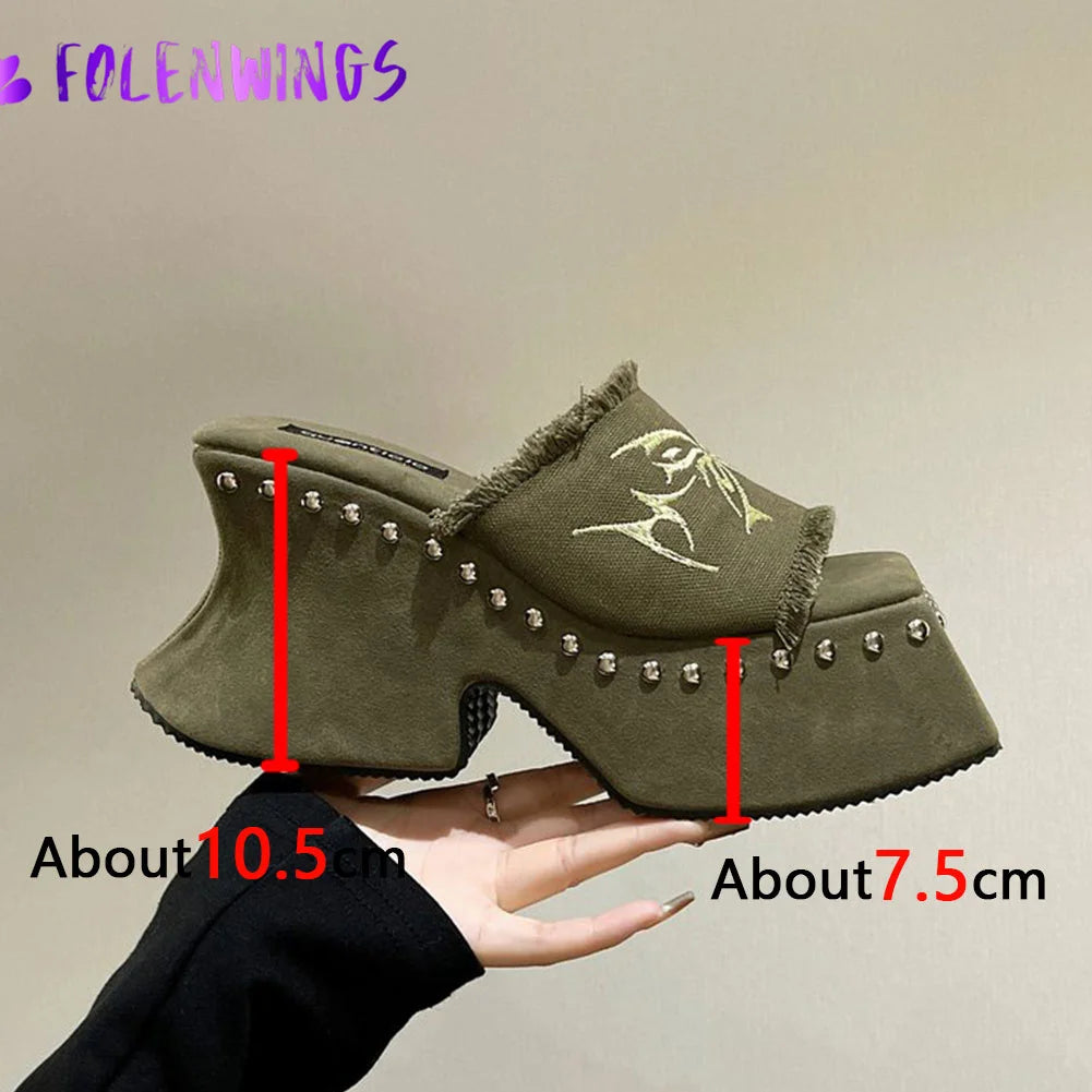 Punk Chunky Heels Mule Shoes Sandals For Women Rivet Platform Slide Sandals Open Toe 2026 Summer Trendy Shoes Street Women Shoes Pi-Mart