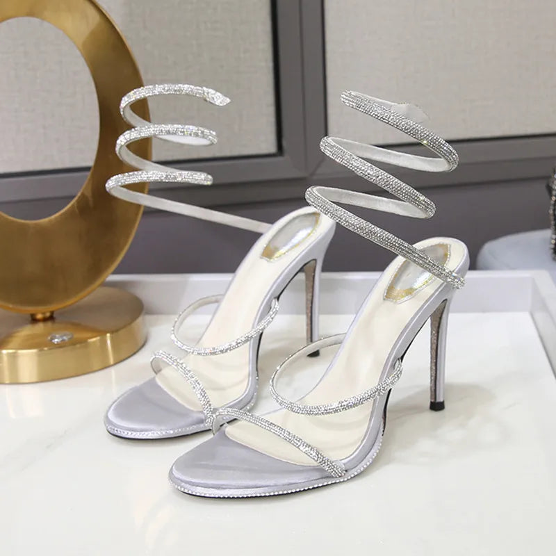 Fashion Summer Snake Twine Around Crystal Women Sandals Luxury Rhinestones Thin High heels Gladiator Sandals  Party Prom Shoes Pi-Mart
