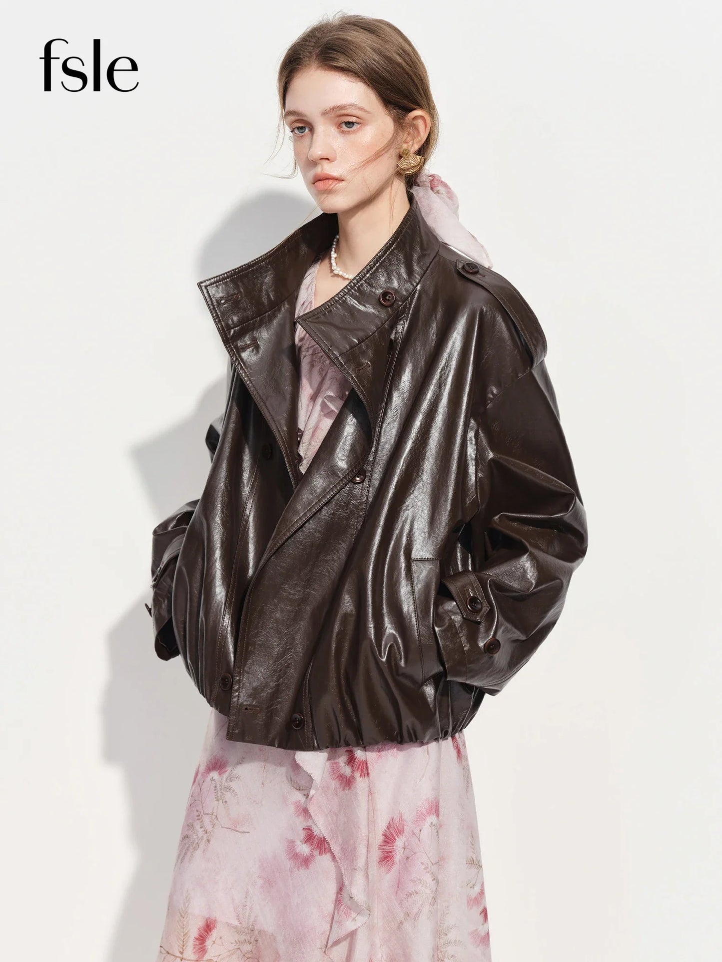 FSLE【Premium Series】Women's Oversize Short Trench Coat Brown Faux Leather Belted Jacket Grey Windbreaker Y2K Retro Outerwear LadyShow.Store