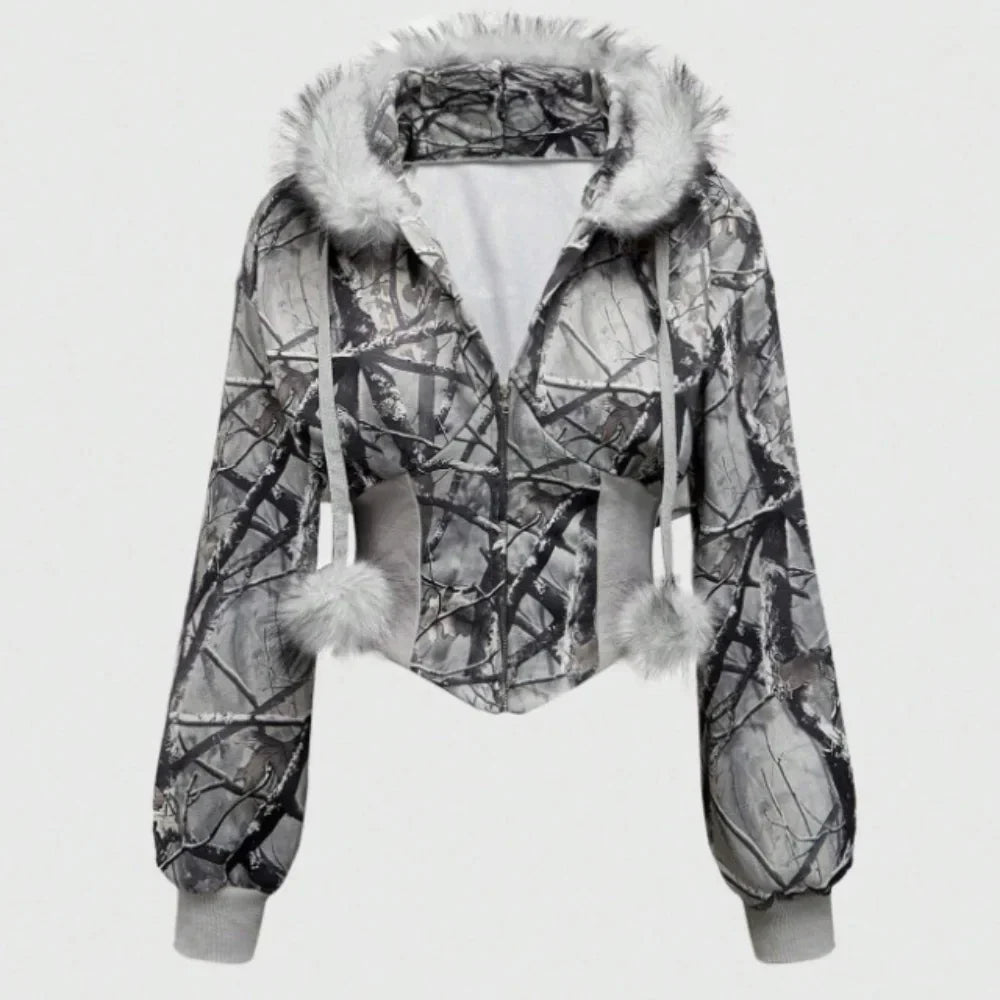 Winter Warm Gothic Print Hoodie Women's Clothin Faux Fur Crop Top Zip-Up Sweatshirt Fashion Y2K Streetwear Hooded Jacket 2026New LadyShow.Store