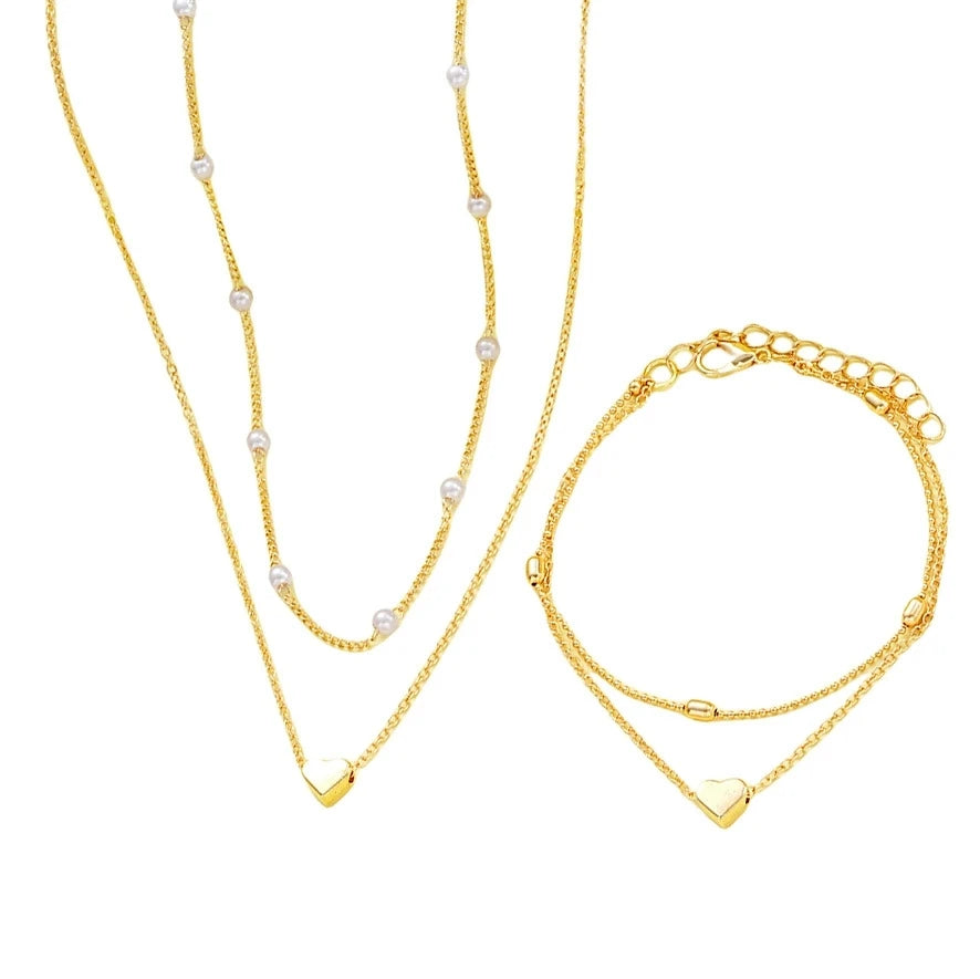 Fashion Imitation Pearl Heart Jewelry Set For Women Gold Silver Color Round Beads Necklace Bracelet Set Daily Wear Accessories Pi-Mart