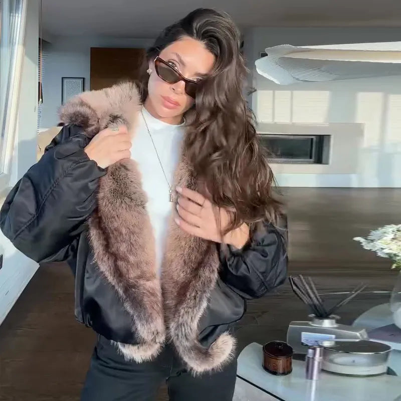 Fashion Faux Fur Patchwork Cotton Coat Women Lapel Zipper Pocket Cropped Street Warm Jacket 2026 Winter Lady Puffer Jackets New Pi-Mart