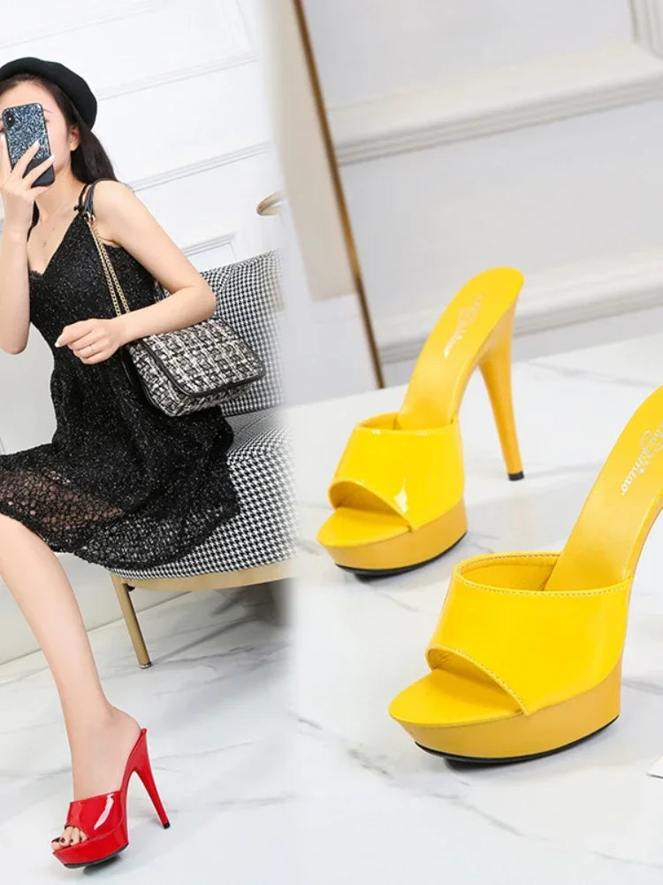 Womens Slippers Mule Patent Leather Sandals Sexy Fashion 13CM Slides Party Shoes for Woman Luxury Red Sandals Summer Comfortable LadyShow.Store
