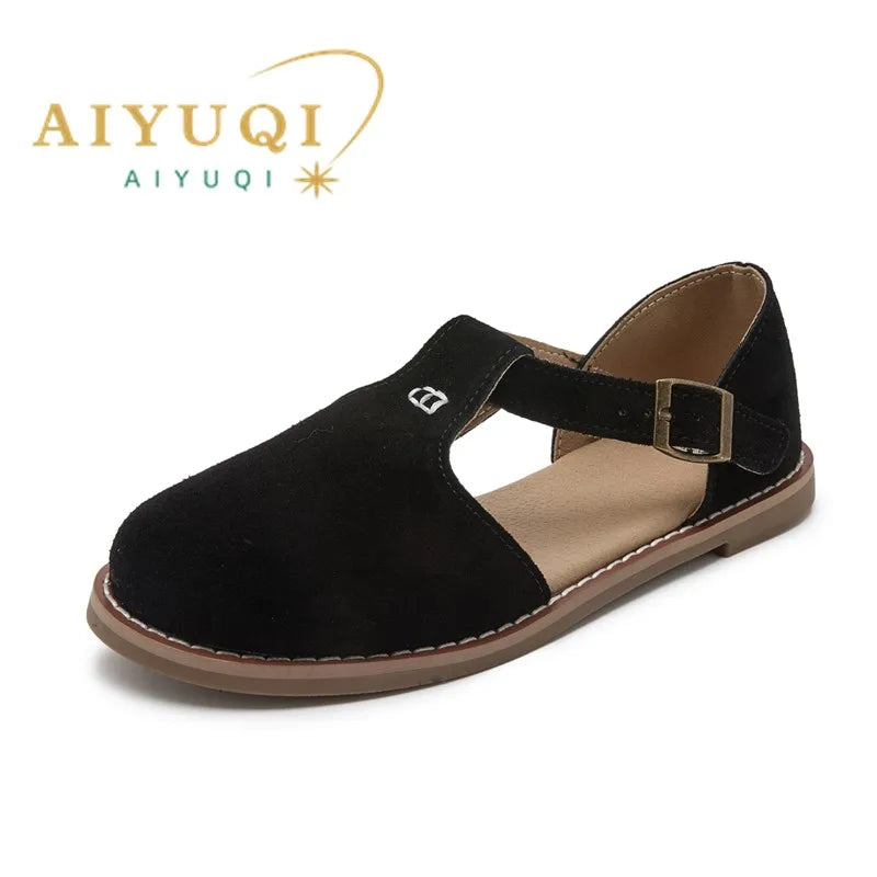 AIYUQI Flat-Soled Retro Frosted Genuine Leather Women's Sandals 2026 New Hollow Women's Shoes Roman Baotou Sandals for Women LadyShow.Store