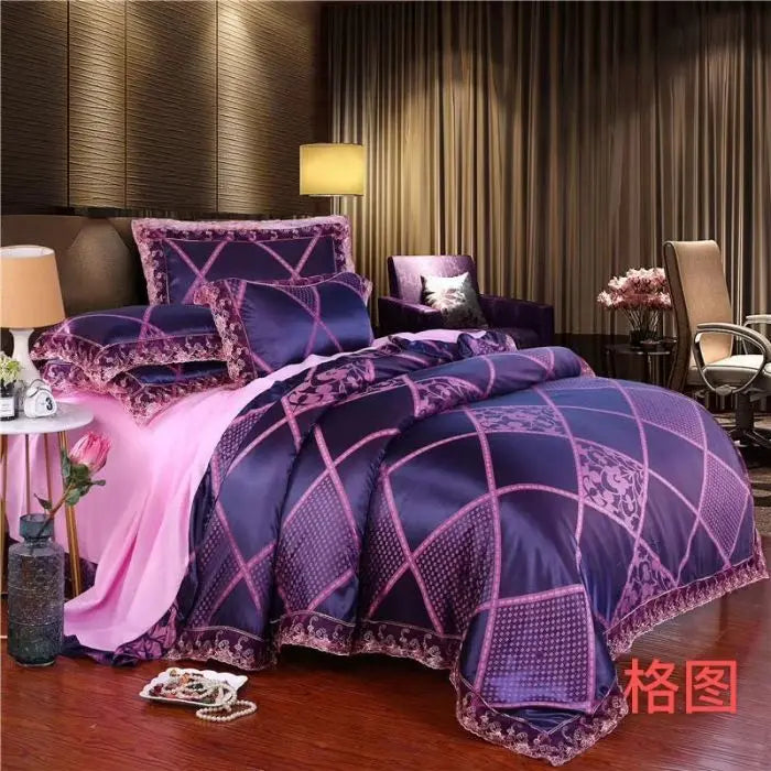 Luxury Jacquard Bedding Set Tencel Modal Duvet Cover 4PCS with Lace Satin Bed Sheet Pillowcases King and Queen Size Home Textile LadyShow.Store