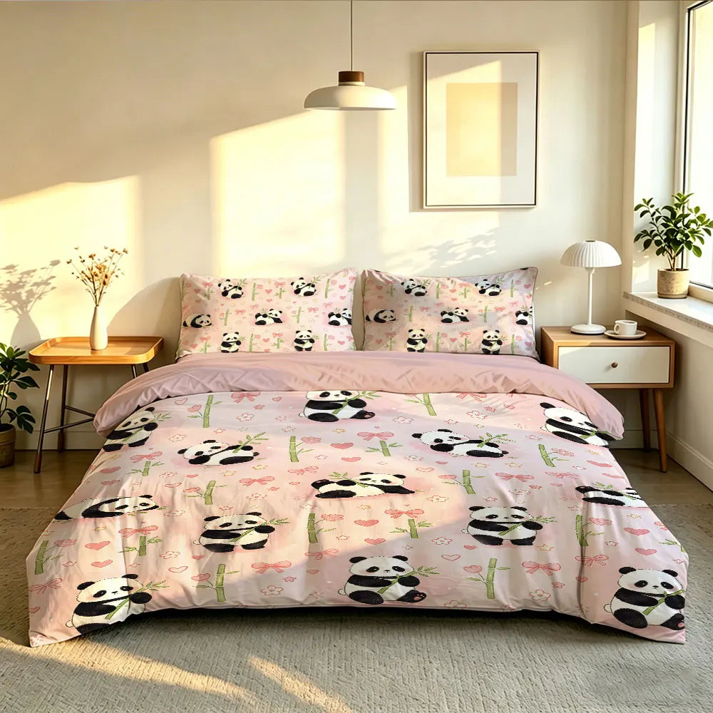 3pcs Cartoon Panda Print Coreless Duvet Cover Cool Summer Lightweight Bedding Set Multi Size Bedroom Bedding Decoration Pi-Mart