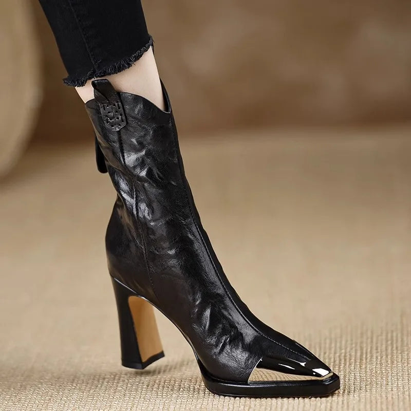2024 New Metal Square Toe Ankle Boots for Women Fashion Patent Leather Women's Shoes Botas Mujer High Heels Shoes Women Zapatos Pi-Mart