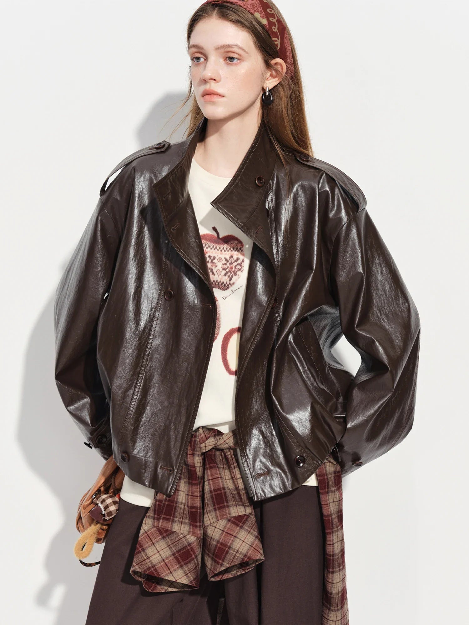 FSLE【Premium Series】Women's Oversize Short Trench Coat Brown Faux Leather Belted Jacket Grey Windbreaker Y2K Retro Outerwear LadyShow.Store