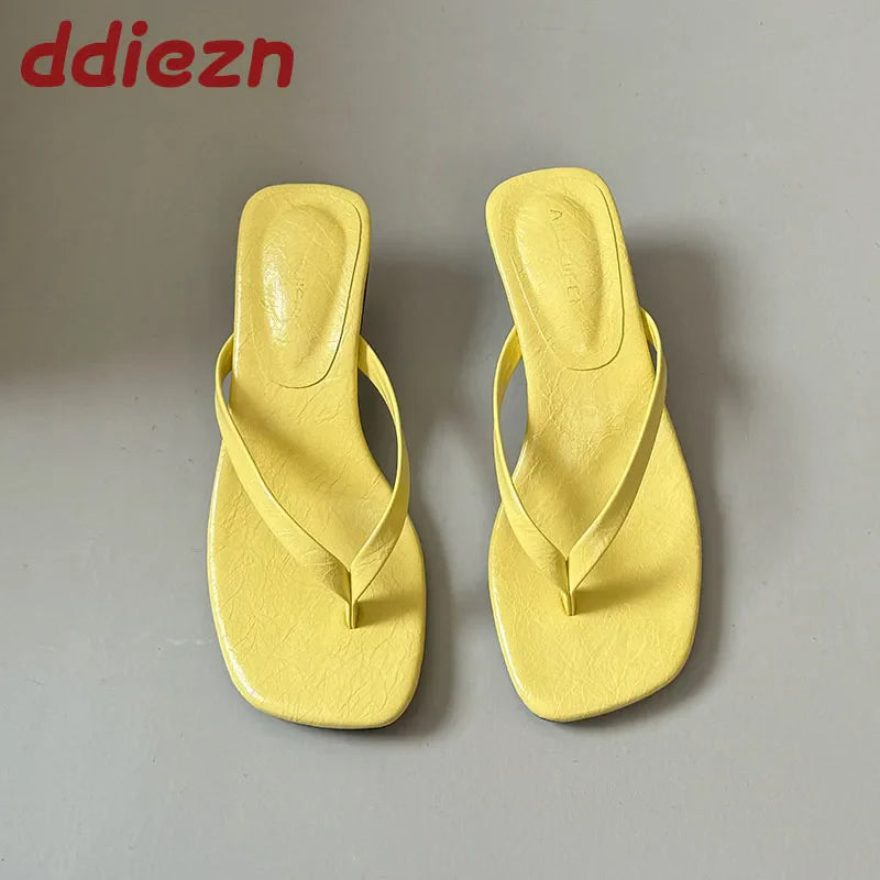 Fashion Square Toe Women 4CM Heels Slippers Slides Sandals Summer Casual Female Flip flops Ladies Thin Heel Slippers Shoes Pumps LadyShow.Store
