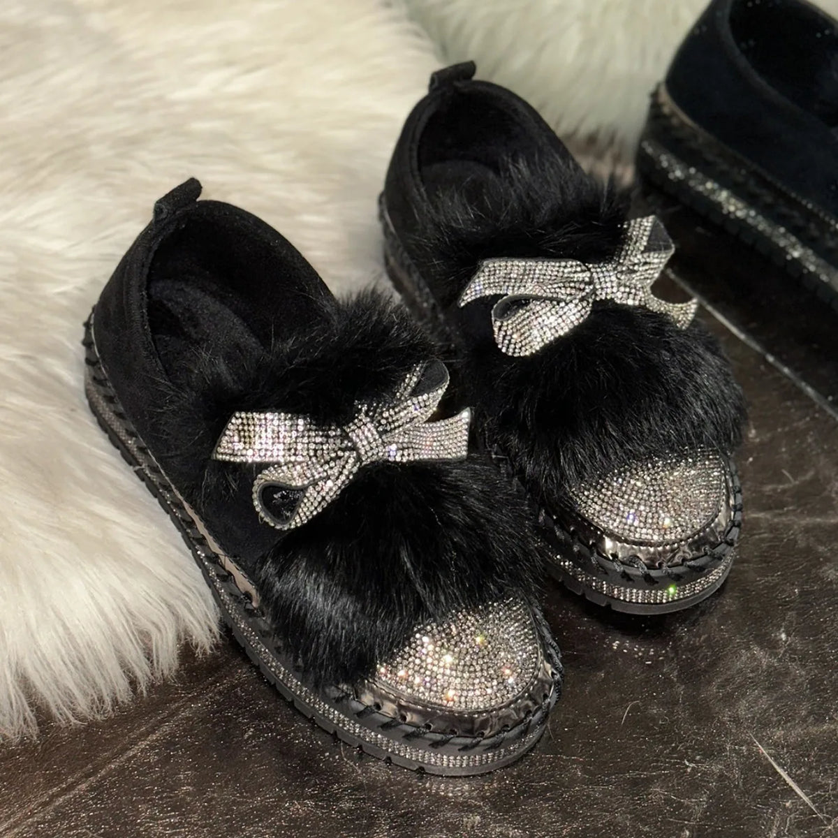 Trend Women Sneakers Furry Crystal Bow  Women Casual Shoes Flat Platform Loafers Short Plush Warm Autumn Winter Sneakers Woman Pi-Mart