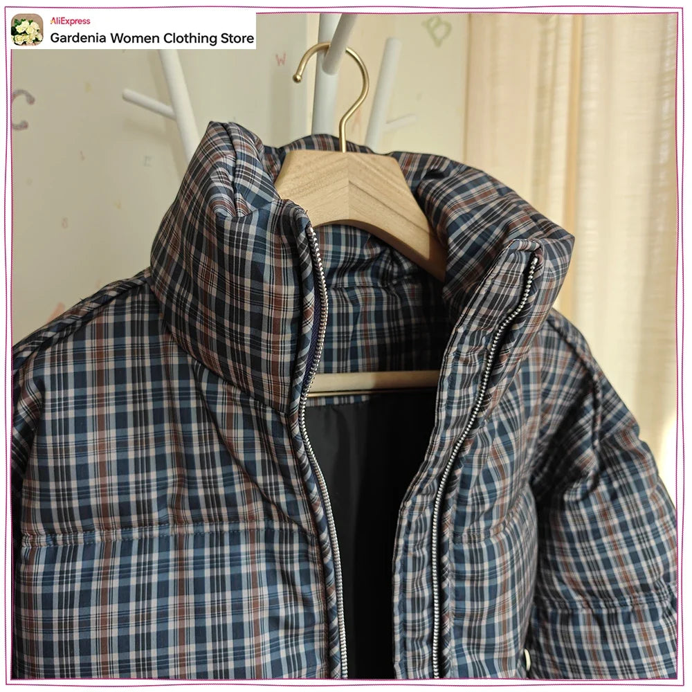 Stylish Plaid Puffer Anorak for Women Winter Brown Padded Jackets High Neck and Long Sleeves Zipper Outwears with Adjustable Hem LadyShow.Store