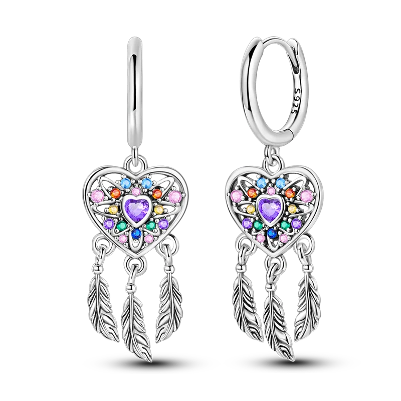 Genuine 925 Sterling Silver Love Feather Earrings Fit Original Charms Hoop For Women Girls Stud Earring Fine Jewelry Gifts Pi-Mart