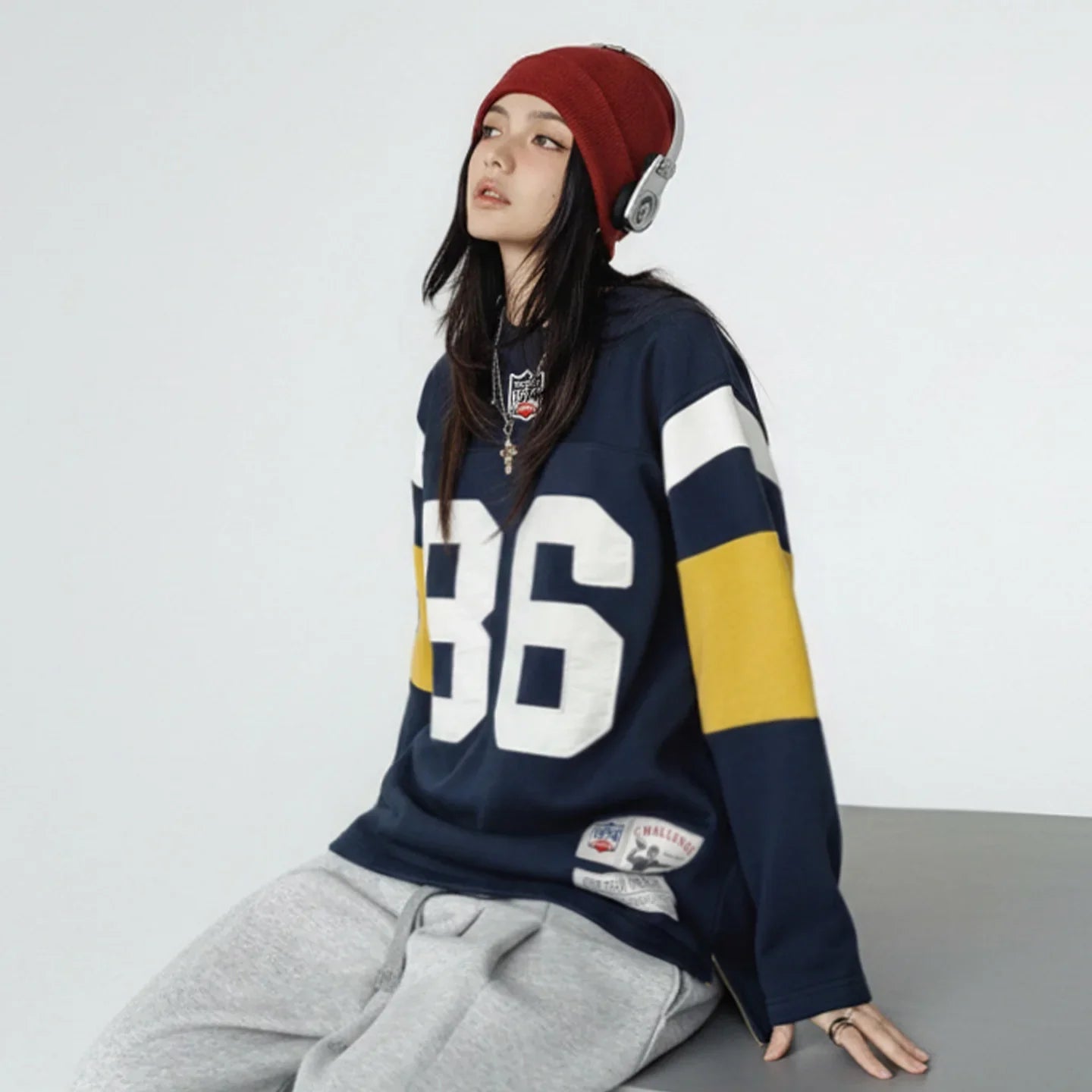 Maden Women’s Retro Embroidered Rugby Pullover Sweatshirt Mid-length Baggy Thick Outerwear Cozy Spring Fall Female Top LadyShow.Store