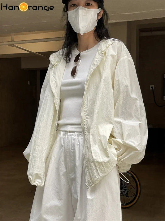 HanOrange 2026 Summer Light Transparent Hooded Zipper Sunscreen Jacket Women Loose Silhouette Thin Long Sleeve Jacket Female' LadyShow.Store