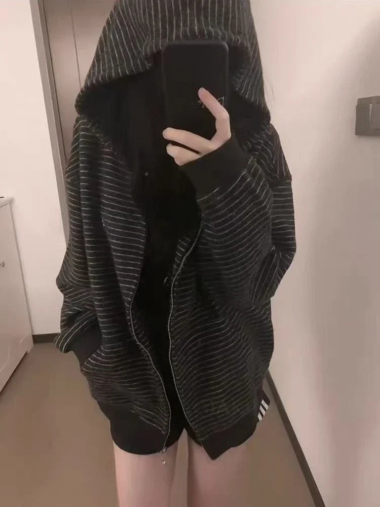 2000S American Vintage Striped Loose Long Sleeve Hooded Sweatshirt Y2k Subculture Casual Zip Up Hooded Cardigan Harajuku Coats LadyShow.Store