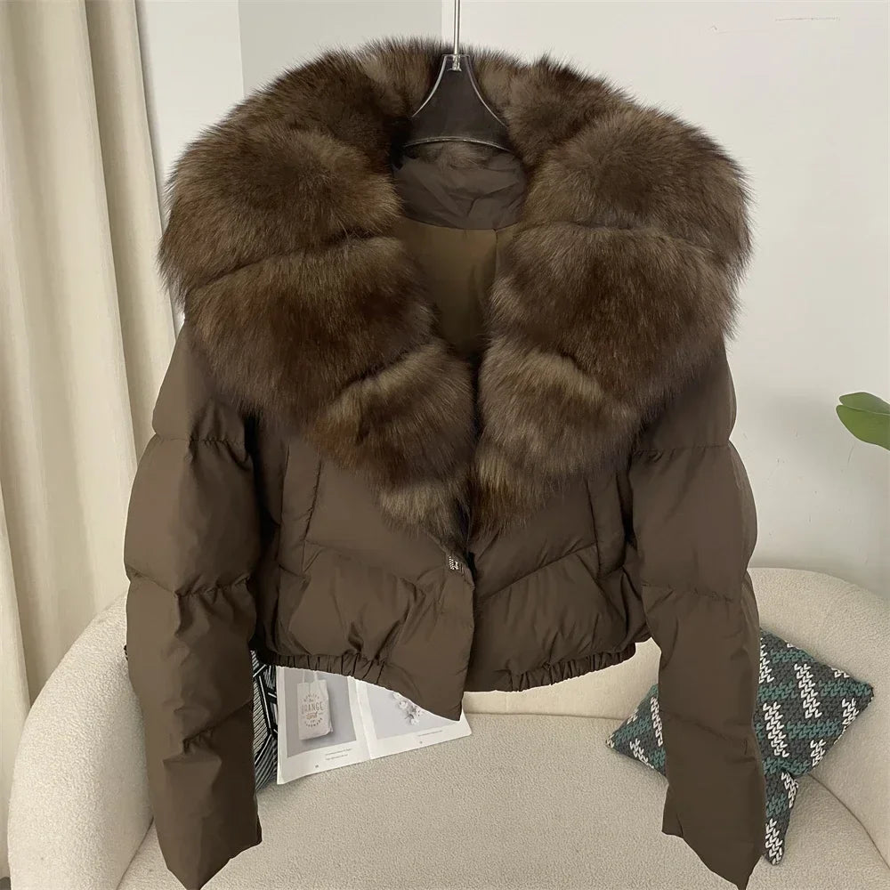 Down Jacket Women Short Puffer Jacket Thick New Big Natural Real Fox Fur Coat  Autumn Winter Female White Duck Down Coat Feather LadyShow.Store
