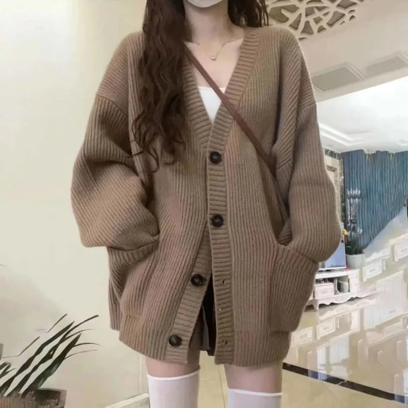 Autumn Winter Women Cardigan Sweater Coats Fashion Female Long Sleeve V-neck Loose Knitted Jackets Casual Sweater Cardigans LadyShow.Store