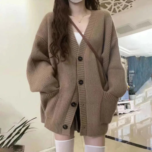 Autumn Winter Women Cardigan Sweater Coats Fashion Female Long Sleeve V-neck Loose Knitted Jackets Casual Sweater Cardigans LadyShow.Store