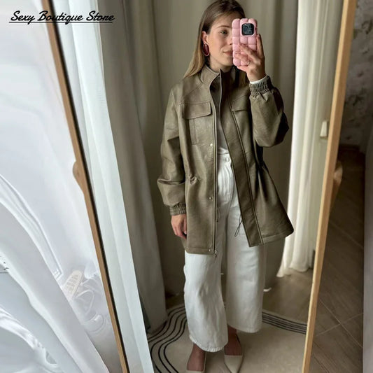 Autumn Winter Pu Leather Jacket For Women Solid Full Sleeve Elastic Adjustable Waist Coat 2025 New Lady Fashion Casual Outwears LadyShow.Store