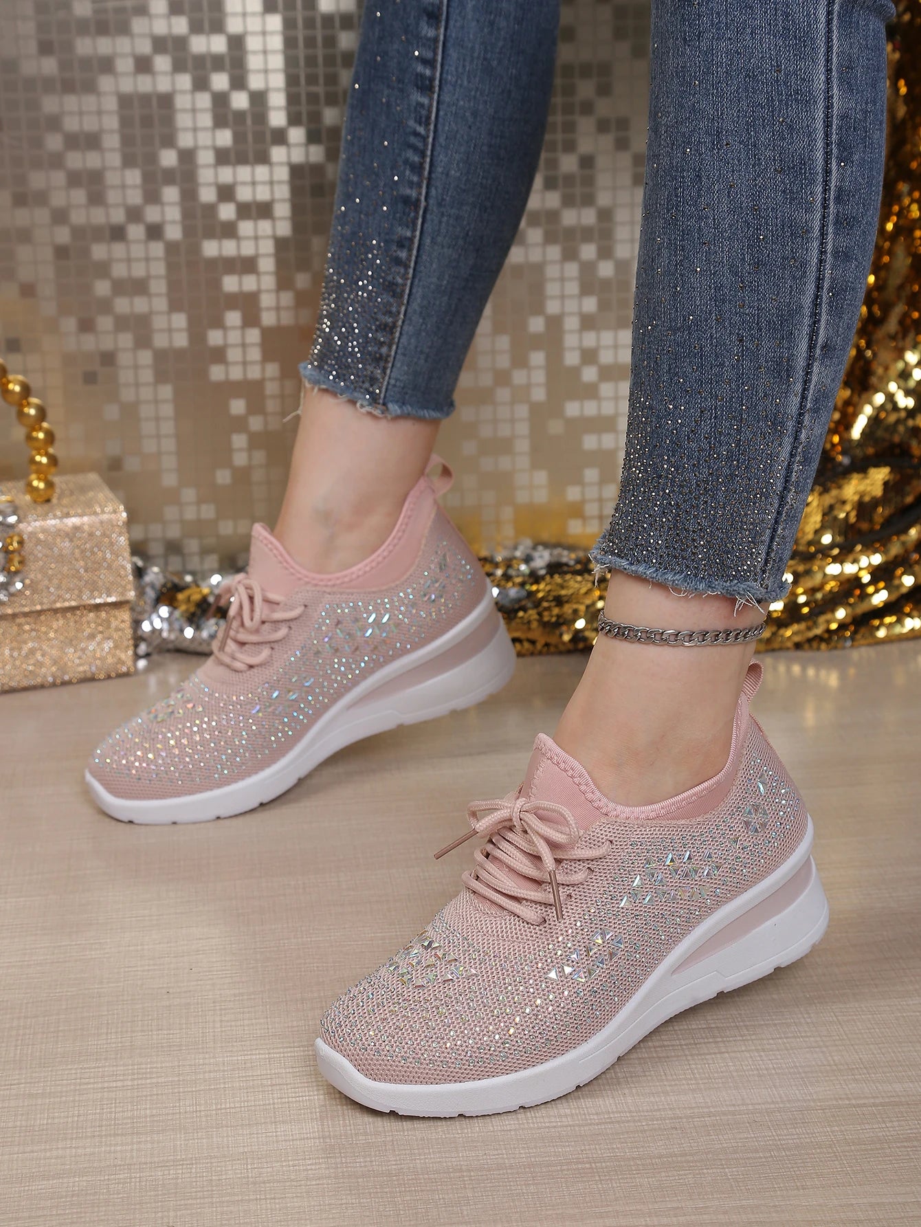 Women's Rhinestone Embellished Knit Mesh Wedge Sneakers, Adjustable Lace-Up Closure, Daily Walking Casual Footwear Pi-Mart