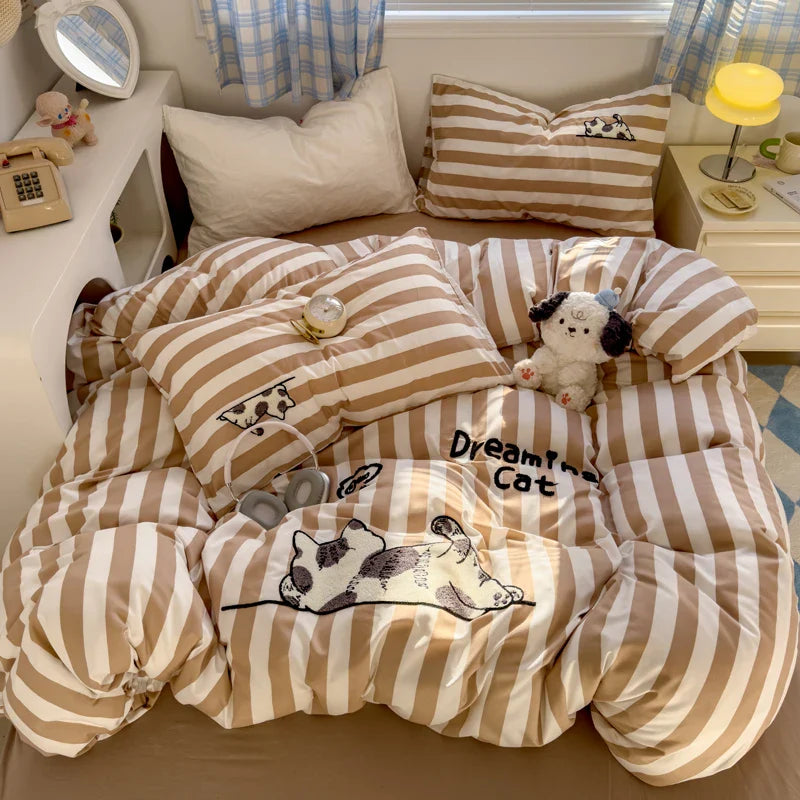 Brown Stripe Bedding Comforter Set Pillowcase bed sheet Single Full Size Bed Linen Duvet Cover Set Queen/King Double Single Bed LadyShow.Store