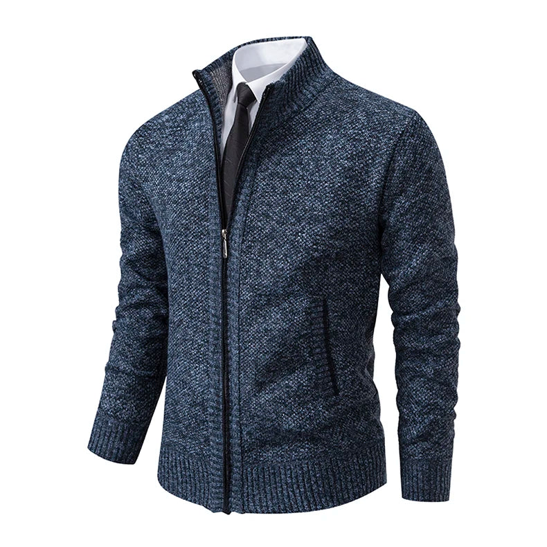 Autumn And Winter New Jersey Men's Casual Sports Coat Solid Color Stand Collar Wweater Grab Fleece Warm Zipper Cardigan Pi-Mart