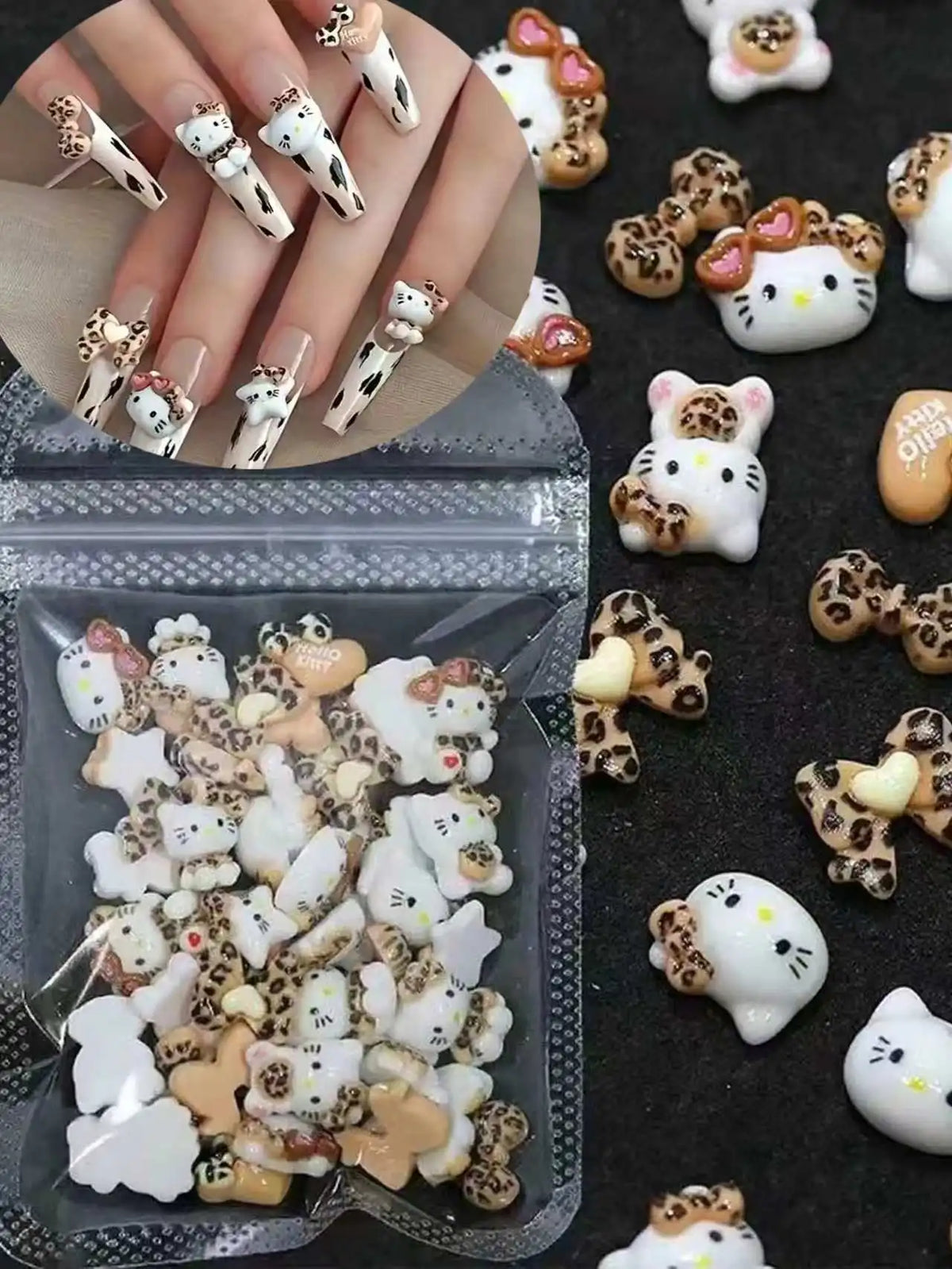 50Pcs Leopard Sanrio 3D Resin Nail Charms Mixed Kuromi My Melody Kitty Nail Parts DIY Manicure Decor Accessories Pi-Mart