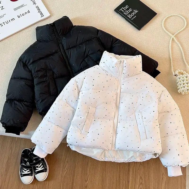 2025 Winter Girls Rhinestone Puffer Jacket Korean Star-Studded Fashion Coat Glitter Zip-Up Quilted Down Jacket LadyShow.Store