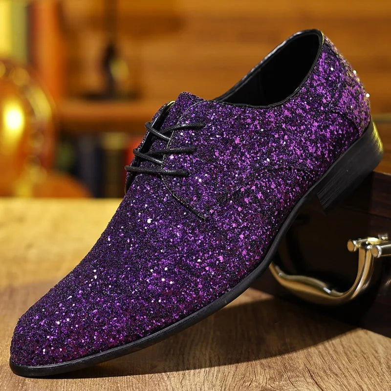 Luxury Men Dress Shoes Gold Silver Sequin Wedding Shoes High Quality Lace-Up  Oxford Shoes Fashion Designer Men Flats Large Size Pi-Mart