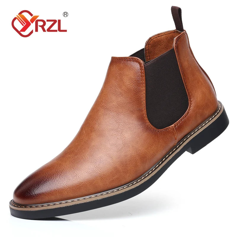 YRZL 39~47 Men Chelsea Boots Brand Retro Comfortable PU Leather Ankle Boots Men 2025 Fashion Black Brown Mens Boots Pi-Mart