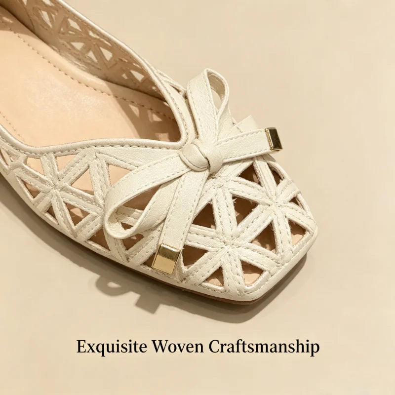 New French Style Bow Flat Sandals Women Geometric Cut-Out Peep-Toe Breathable Summer Beige Shoes for Dresses, Office and Casual LadyShow.Store