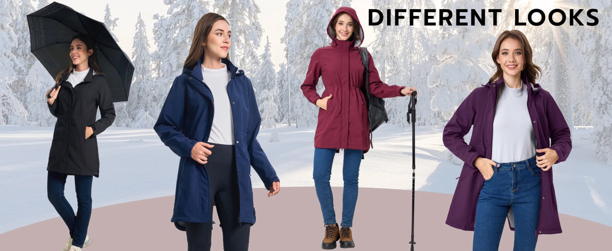 TACVASEN Women's Long Hooded Jacket Fleece Lined Softshell Jacket Waterproof Windproof Hiking Jacket Rain Coat Windbreaker Parka Pi-Mart