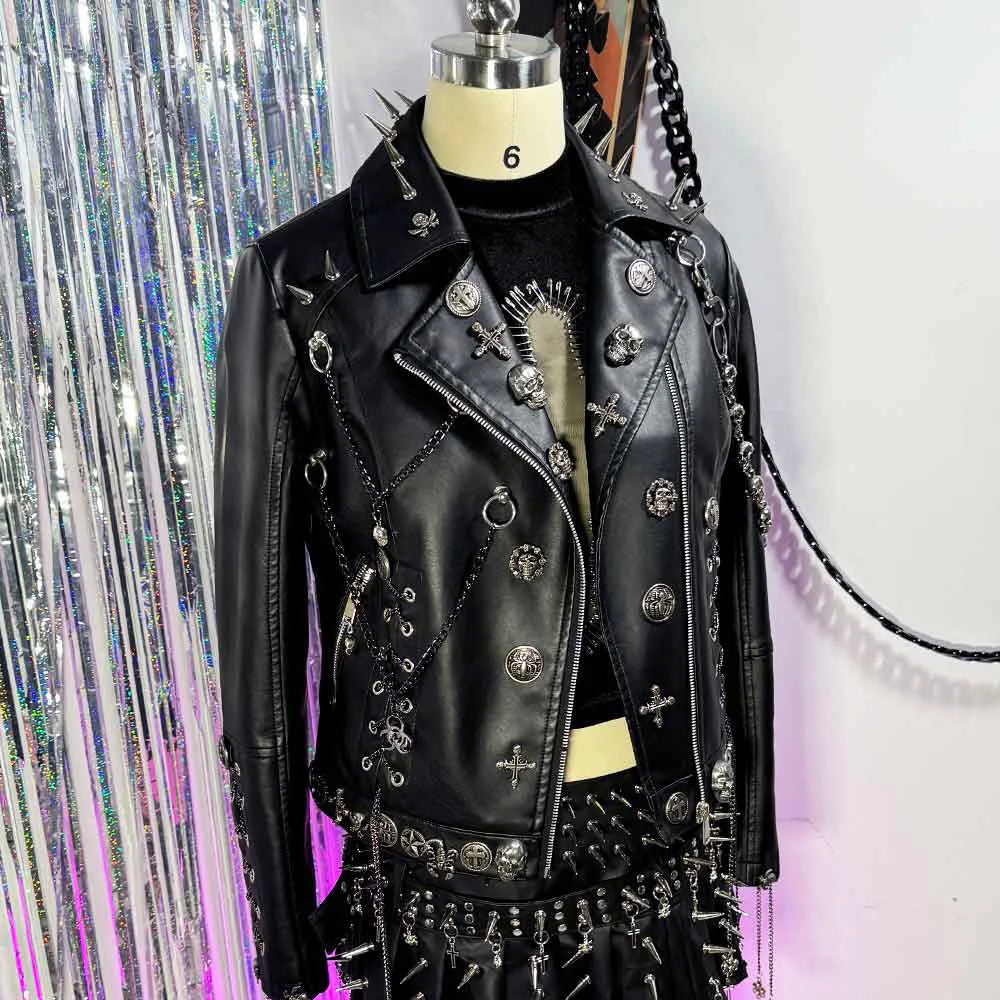 Women's Y2K Goth Black PU Leather Jacket Gothic Boho Emo Clothing with Skull Chain Punk Rock Grunge Rave Festival Coat for Teens Pi-Mart