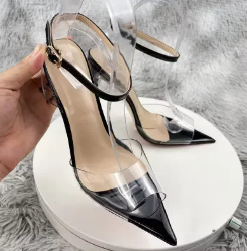 New European and American electric purple ultra soft transparent PVC sandals with straight stripes and slim heels, 12cm sexy Pi-Mart