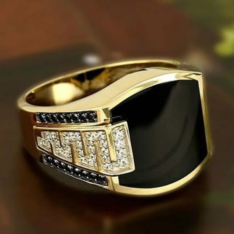 1PC/Lot Men's Silver Gold Alloy Drip-Glaze Rhinestone Wide Band Ring Perfect For Daily Wear Great Accessory Gift Pi-Mart