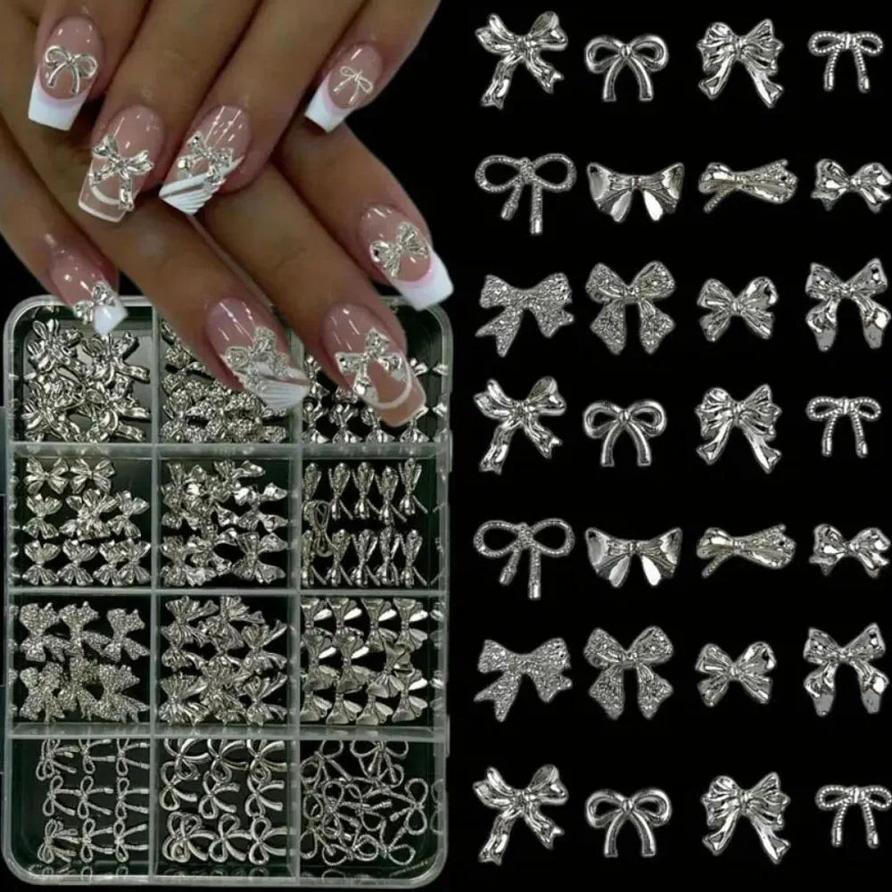 120Pcs/Box 3D Silver Exquisite Bowknot Nail Charms Simple Alloy Ribbon Bowtie Nail Art Decorations DIY Luxury Manicure Accessory Pi-Mart