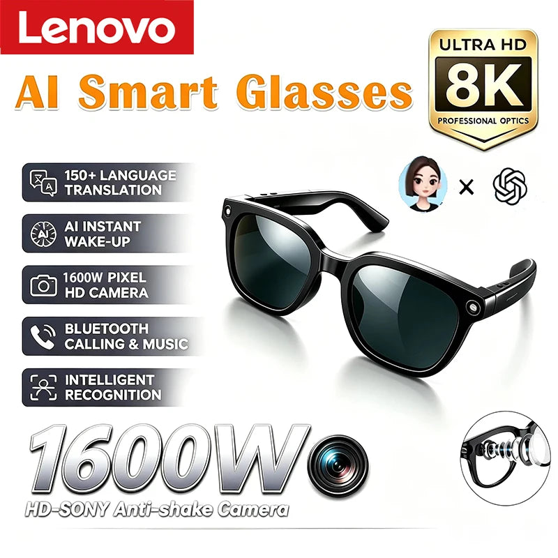 Lenovo 2026 New 8K AI Translation AI Smart Glasses Bluetooth Calling Music Player Camera Control Anti Blue Light Sunglasses Pi-Mart
