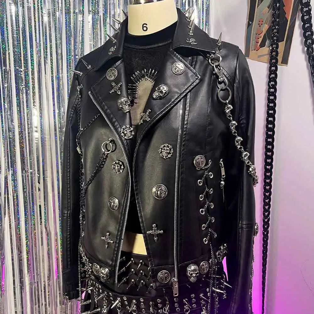 Women's Y2K Goth Black PU Leather Jacket Gothic Boho Emo Clothing with Skull Chain Punk Rock Grunge Rave Festival Coat for Teens Pi-Mart