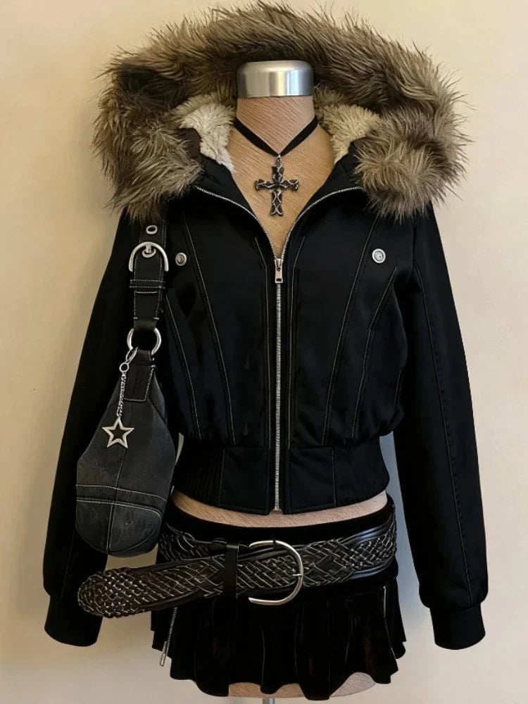2026 Spring Retro Faux Fur Coats Women 2000s American Vintage Jackets Harajuku Gotihc Punk Clothing Jean Parkas Female Outwear LadyShow.Store