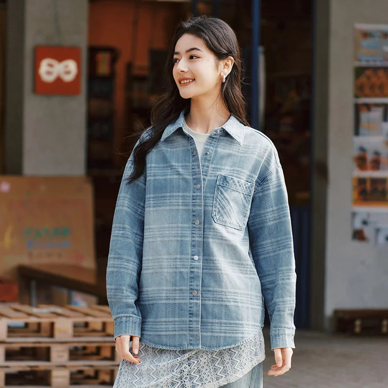 Semir Denim Shirt Women Oversize Spring 2025 New Spring Checkered Blouse Plaid Jacket LadyShow.Store