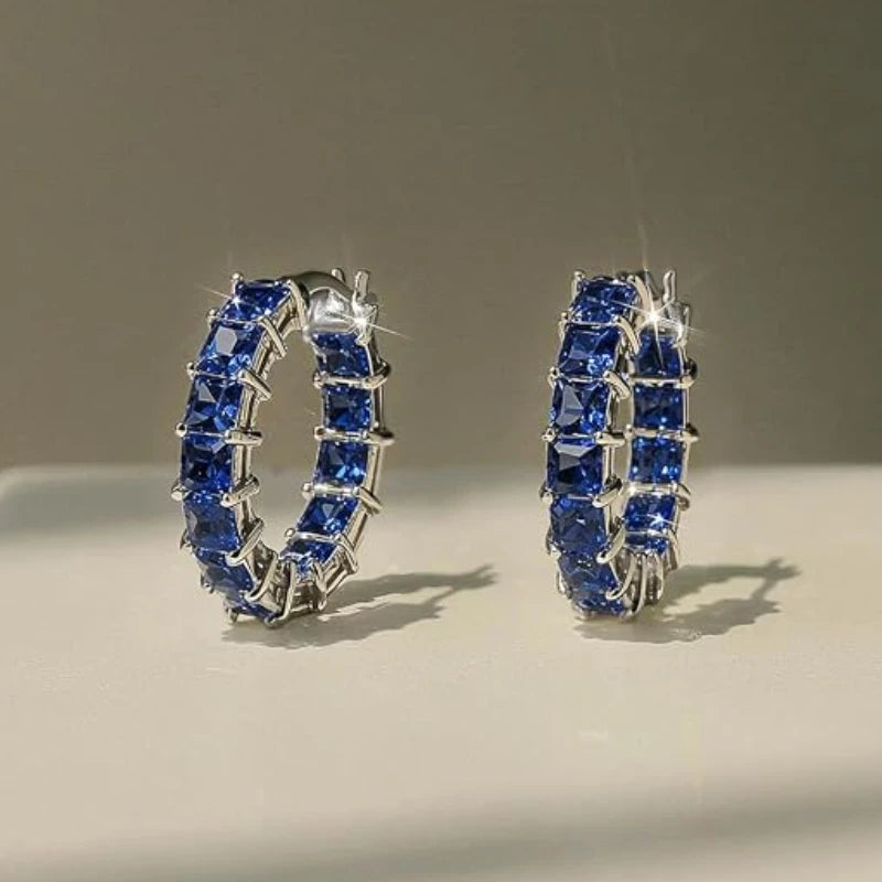 Huitan Princess Square Cubic Zirconia Hoop Earrings Luxury Trendy Ear Circle Earrings for Women Fashion Versatile Female Jewelry Pi-Mart