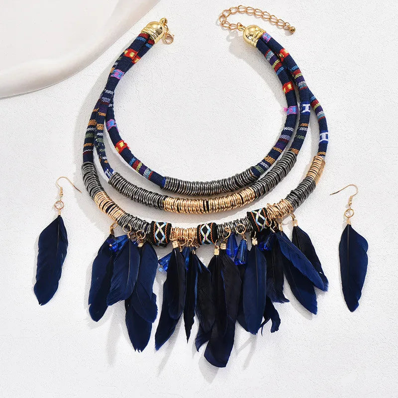 Fashion Vintage Ethnic Feather Choker Necklace Earrings Set For Women Multilayer Nekclace Earrings Jewelry Sets Pi-Mart