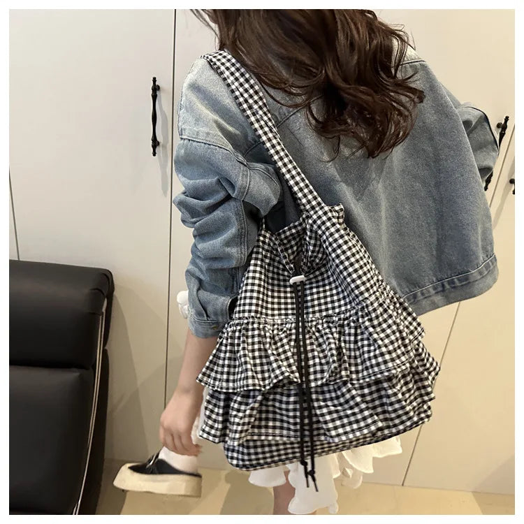 Large Capaci Cute Plaid Cotton Tote Bag  Lace Trim Women's Summer 2025 Simple Lady Handbag Soft Shoulder Bags Bolsa Feminina Pi-Mart